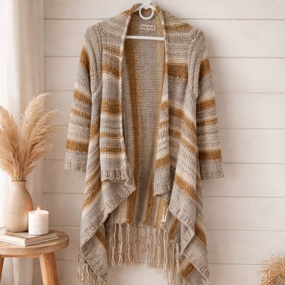Knox Rose Sweaters - Open Front Knit Fringe Cardigan M/L Boho Neutral Striped